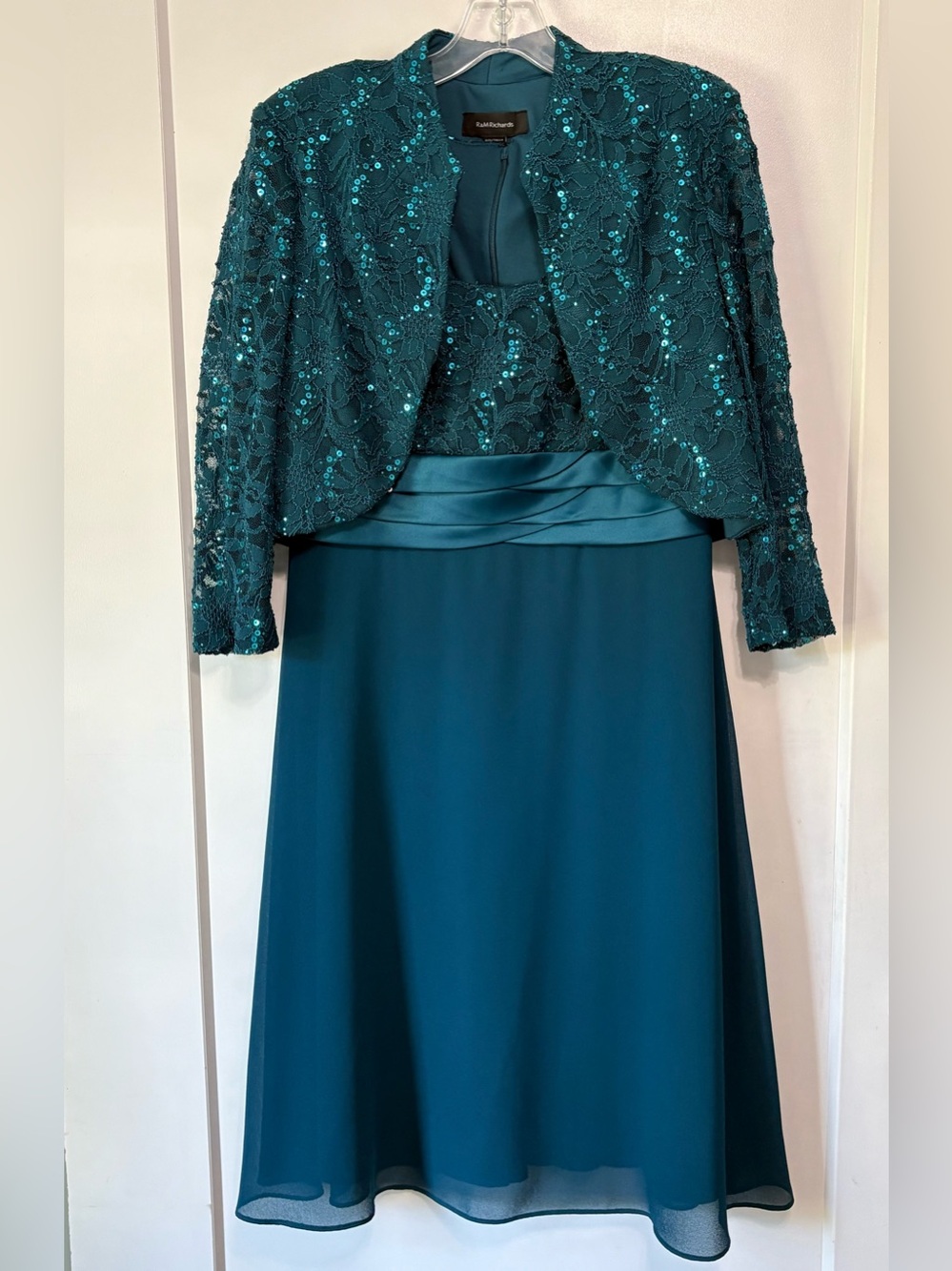 R&M Richards Teal Sequin 2 Piece Jacket Dress Set 8 Mother of Bride Cocktail